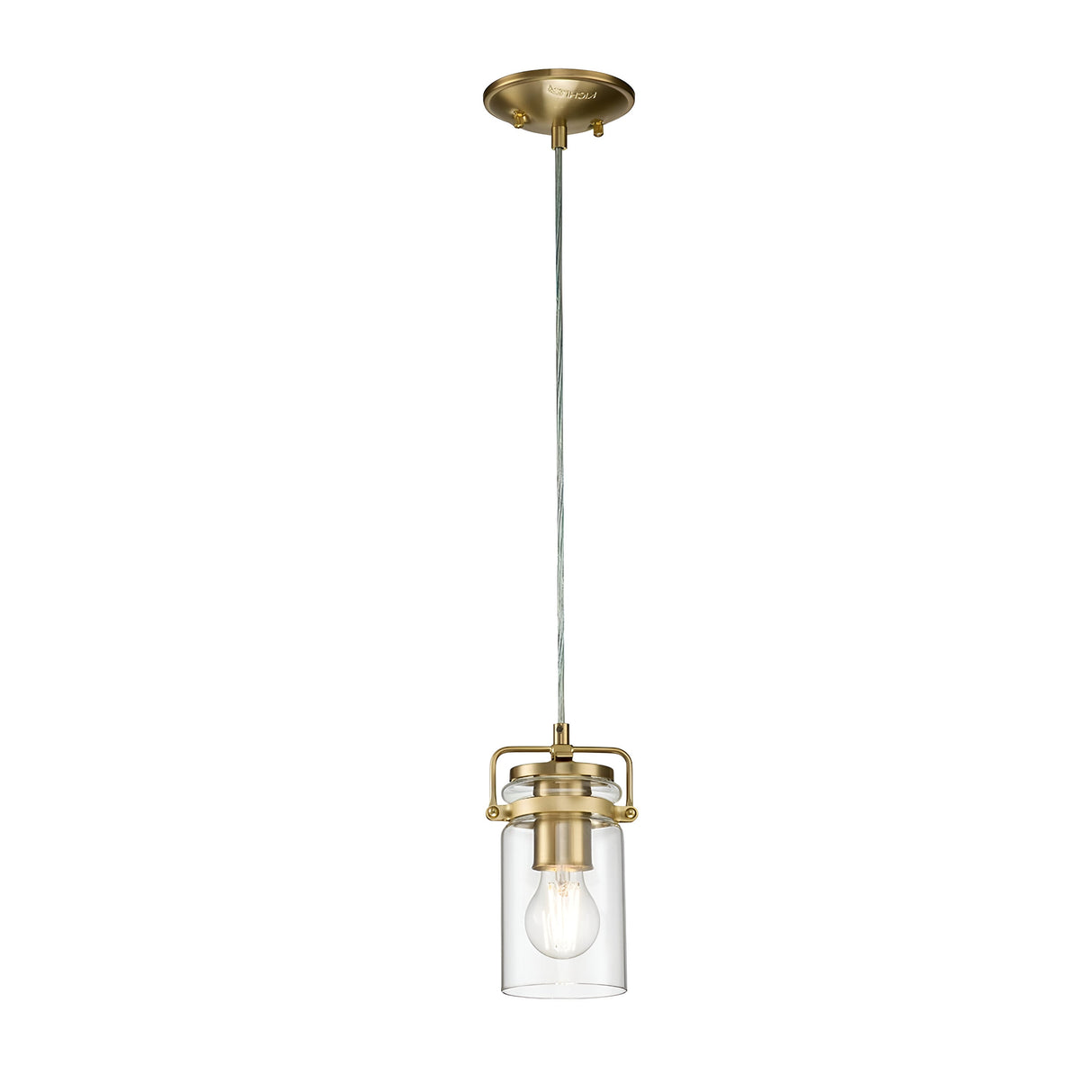 The Brinley 1 Light Mini Pendant in brushed brass showcases a vintage style with its clear glass shade and exposed bulb, elegantly suspended from a braided cord connected to a ceiling mount.