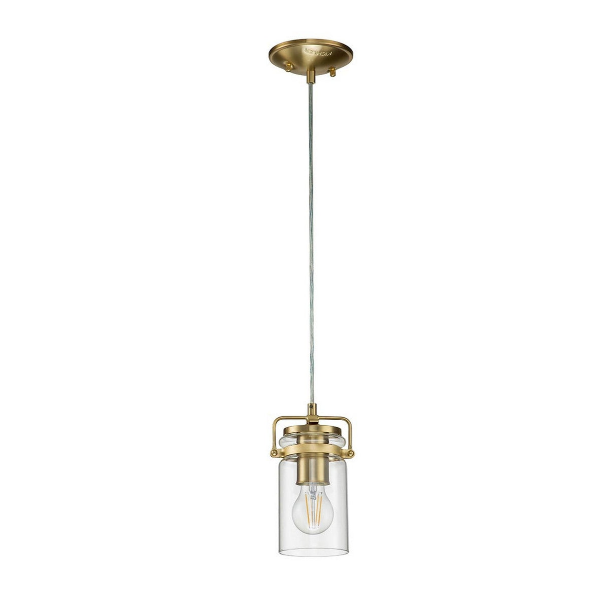The Brinley 1 Light Mini Pendant in brushed brass showcases a clear glass shade and an exposed bulb, suspended gracefully from the ceiling by a cord. Its minimalist design elegantly highlights the vintage-style bulb.
