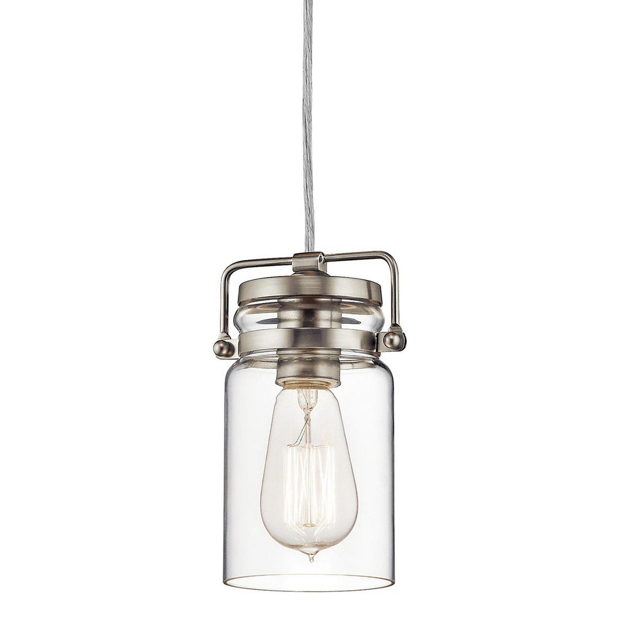 Experience vintage-inspired charm with the Brinley 1 Light Mini Pendant in Brushed Nickel, featuring a clear glass jar design and a visible vintage-style filament bulb inside, suspended by a cord and complemented by a brushed nickel mount.