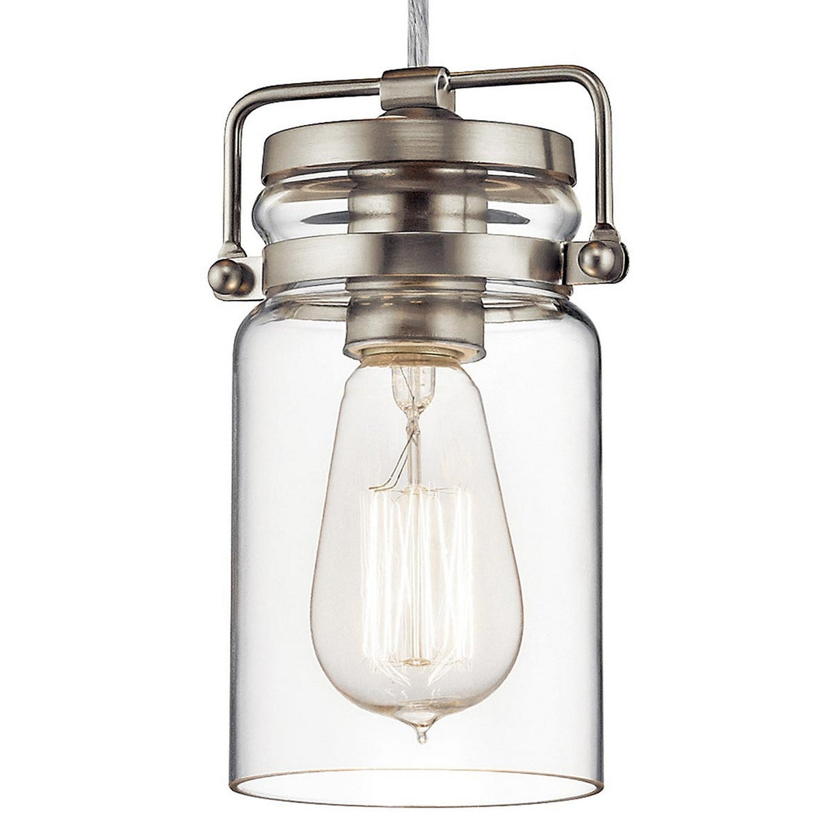 Introducing the Brinley 1 Light Mini Pendant in Brushed Nickel, featuring a jar-shaped clear glass shade and a vintage-style exposed filament bulb. The fixture is completed with brushed nickel hardware, providing an industrial look with vintage-inspired charm.