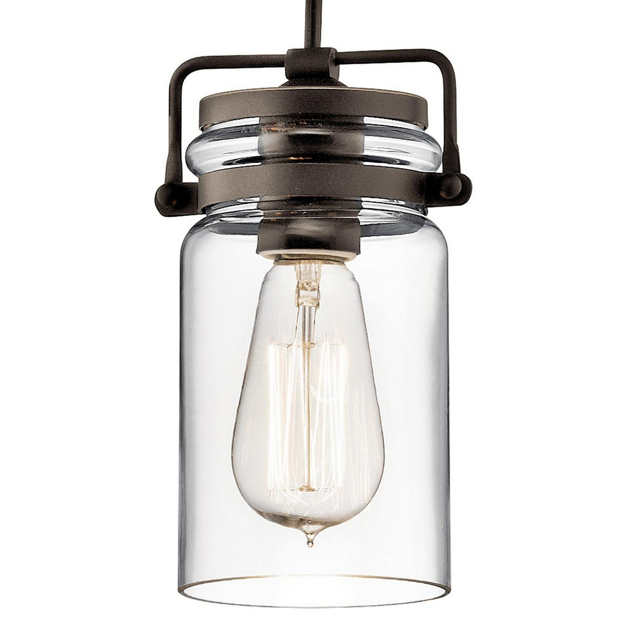 The Brinley 1 Light Mini Pendant - Bronze is a vintage-style hanging light fixture, ideal for rustic interiors, featuring a clear glass jar-shaped shade with a visible Edison bulb, elegantly suspended by a black and bronze pendant frame.
