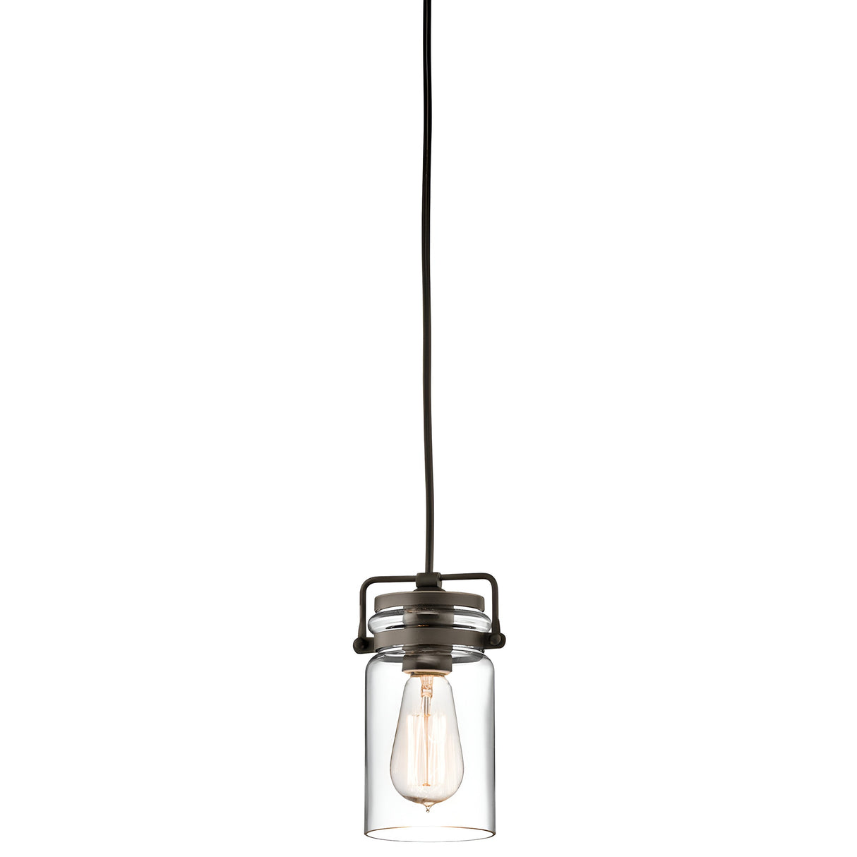 Introducing the Brinley 1 Light Mini Pendant - Bronze: This hanging pendant light features a clear glass cylinder shade, beautifully showcasing its vintage lighting charm. The visible bulb is accentuated by a bronze pendant finish, and it's suspended by a sleek, long black cord. Its minimalist and modern design makes it an ideal addition for rustic interiors.