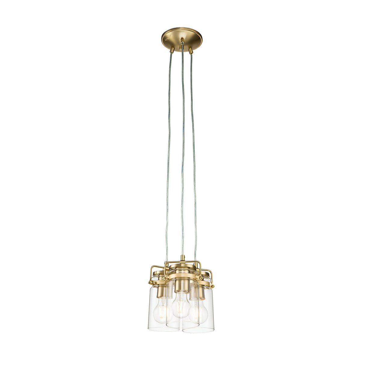 The Brinley 3 Light Pendant - Brushed Brass is a contemporary lighting fixture with three suspended bulbs housed in clear glass shades. It features a brushed brass finish, with three cords elegantly connecting to a round ceiling mount for an added touch of sophistication.