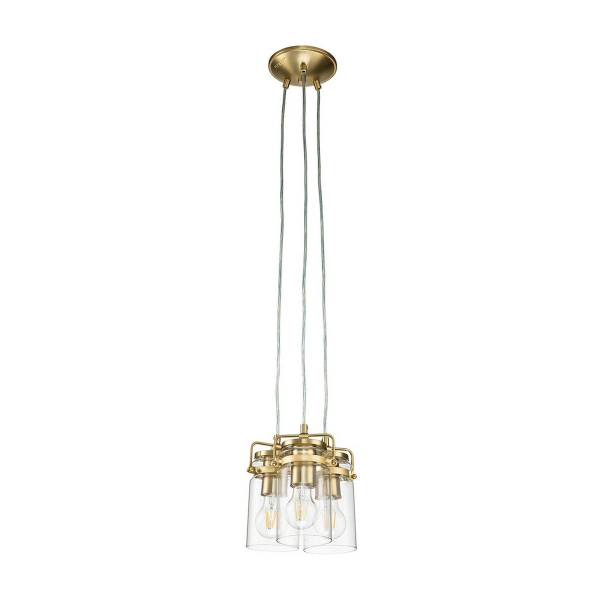The Brinley 3 Light Pendant - Brushed Brass showcases a contemporary style with three clear glass shades hanging from braided cords connected to a brushed brass canopy, each housing a visible bulb to accentuate its industrial charm.