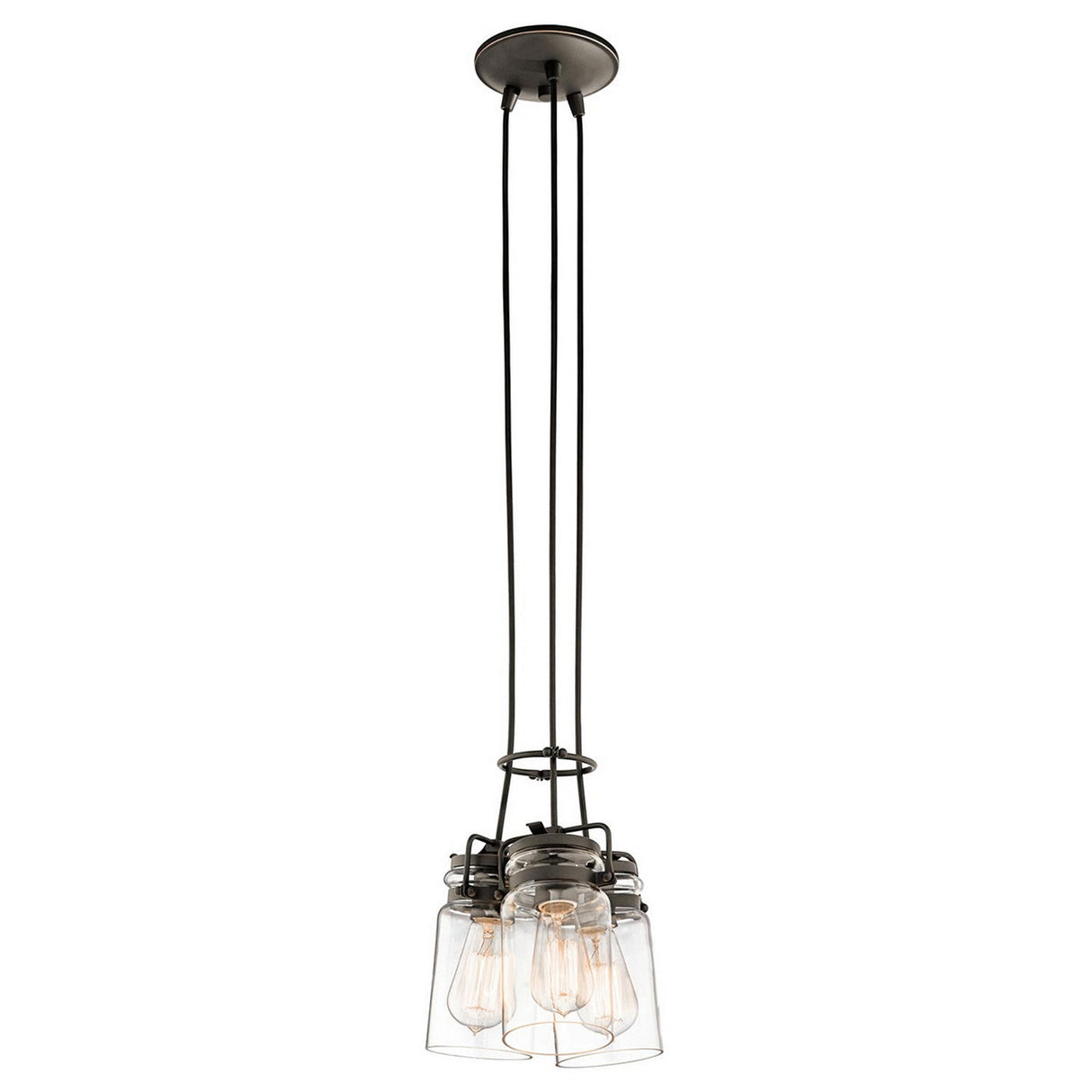 The Brinley 3 Light Pendant - Bronze exudes vintage charm with its three exposed bulbs enclosed in clear glass shades, elegantly suspended by black cords from a round ceiling mount.