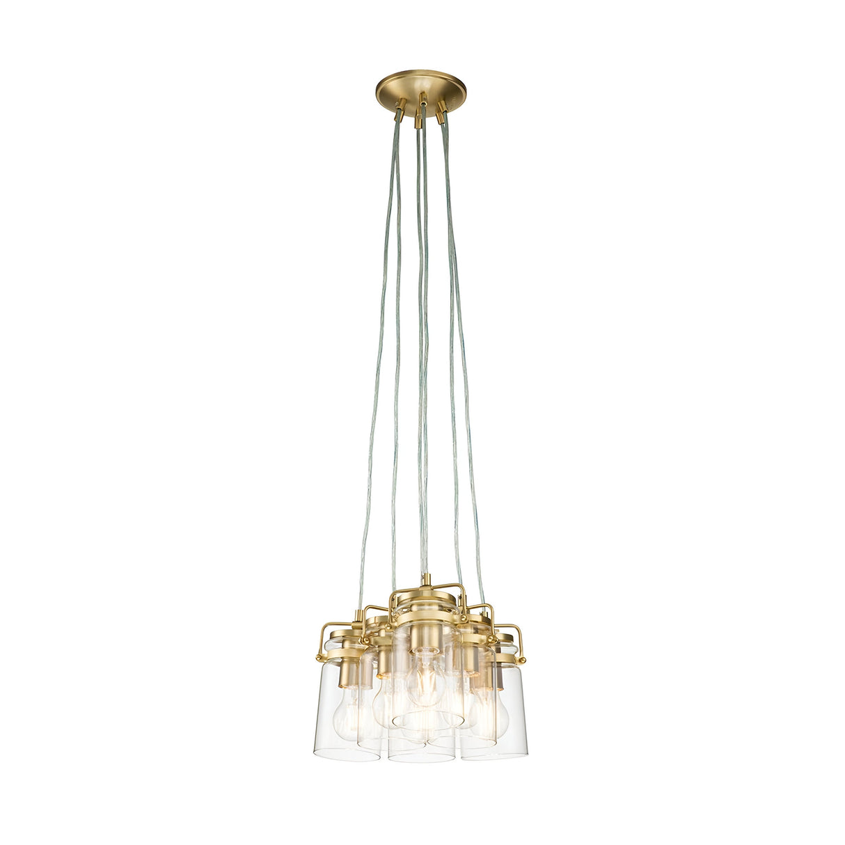 The Brinley 6 Light Pendant in brushed brass features a modern design that includes six clear glass shades, each suspended by multiple cords, showcasing light bulbs against a white background. Its elegant style flawlessly merges contemporary and industrial elements, evoking the essence of mid-century modern lighting.