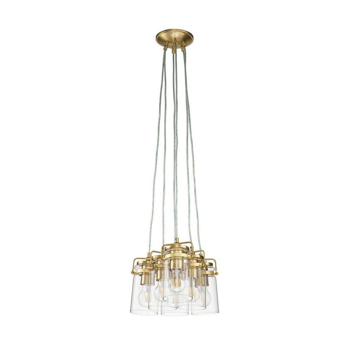 The Brinley 6 Light Pendant in brushed brass showcases a sleek, mid-century modern design with its clear glass shades, each encasing an exposed bulb. The fixture elegantly hangs from a circular base, suspended on multiple long cords for a minimalist look.