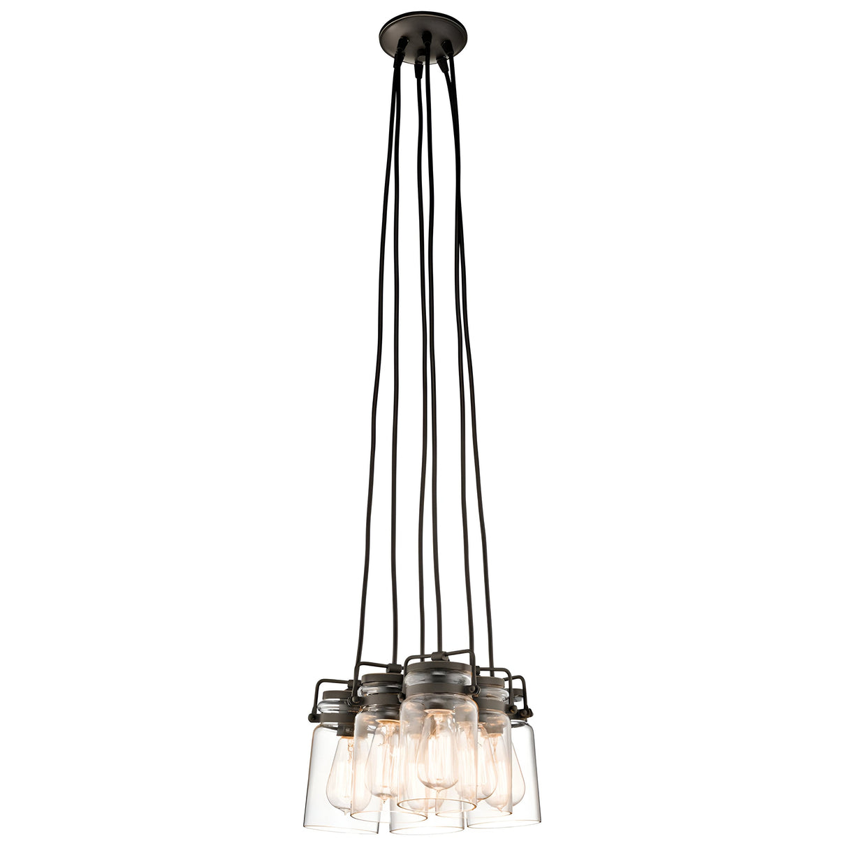 The Brinley 6 Light Pendant - Bronze showcases a cluster of Edison-style light bulbs suspended from a ceiling fixture, each surrounded by a clear glass jar. The loosely gathered wires add to the vintage-industrial appeal, while the bronze finish amplifies its retro-inspired elegance.
