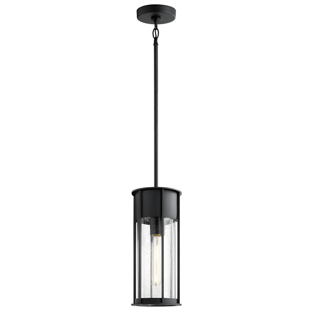 The Camillo Outdoor 1 Light Outdoor Pendant features a sleek cylindrical design with a seeded glass shade encasing a single bulb. Finished in black, this modern fixture is suspended by a long rod, making it perfect for both indoor and outdoor use.