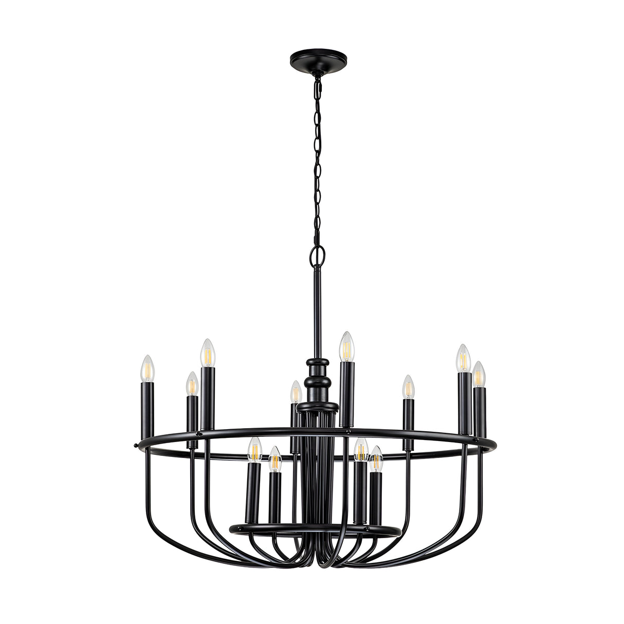 The Capitol Hill 12 Light Chandelier - Black features a modern and minimalist design, showcasing candle-shaped bulbs arranged in two tiers and suspended from a chain, making it a stylish focal point for any room.