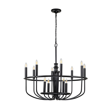 The Capitol Hill 12 Light Chandelier - Black features a modern and minimalist design, showcasing candle-shaped bulbs arranged in two tiers and suspended from a chain, making it a stylish focal point for any room.