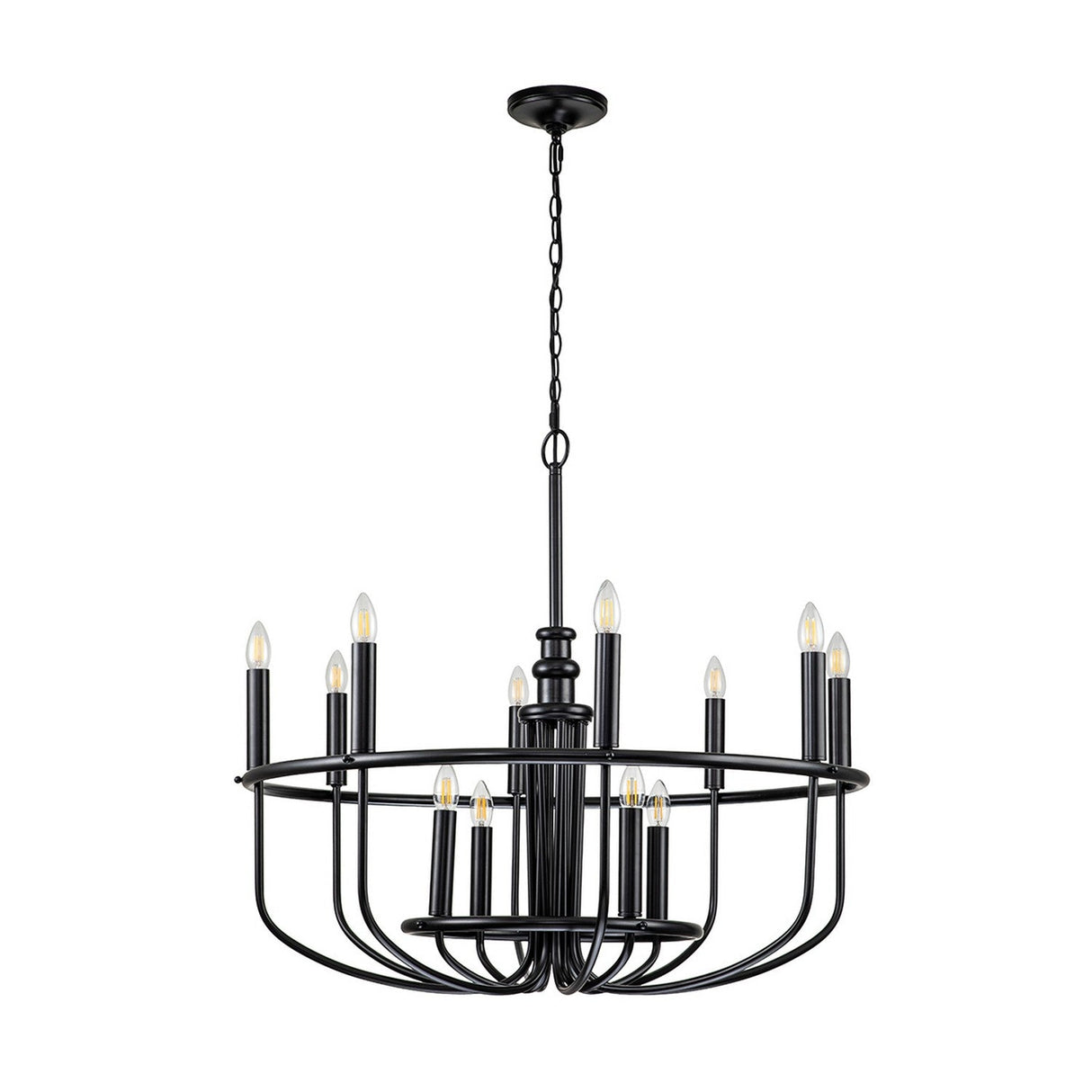 The Capitol Hill 12 Light Chandelier - Black is a contemporary chandelier featuring twelve candle-style lights arranged in a circular pattern. Hanging from the ceiling by a chain, each light is evenly distributed around the ring for a balanced and refined appearance.