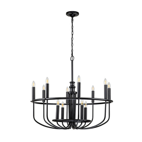 The Capitol Hill 12 Light Chandelier - Black is a contemporary chandelier featuring twelve candle-style lights arranged in a circular pattern. Hanging from the ceiling by a chain, each light is evenly distributed around the ring for a balanced and refined appearance.