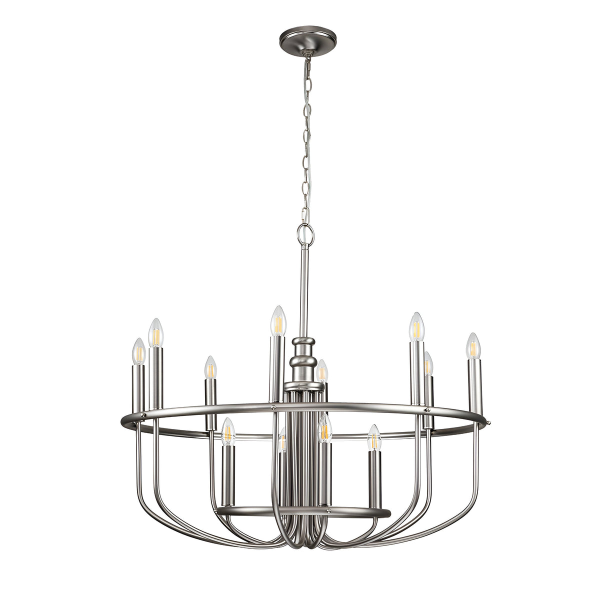 The Capitol Hill 12 Light Chandelier - Brushed Nickel is a contemporary piece that combines classic elegance with modern simplicity. It hangs from a chain and showcases two circular tiers, each adorned with candle-like light bulbs.