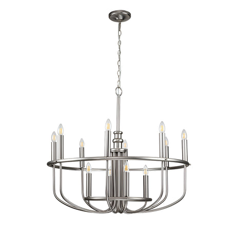 The Capitol Hill 12 Light Chandelier - Brushed Nickel is a contemporary piece that combines classic elegance with modern simplicity. It hangs from a chain and showcases two circular tiers, each adorned with candle-like light bulbs.