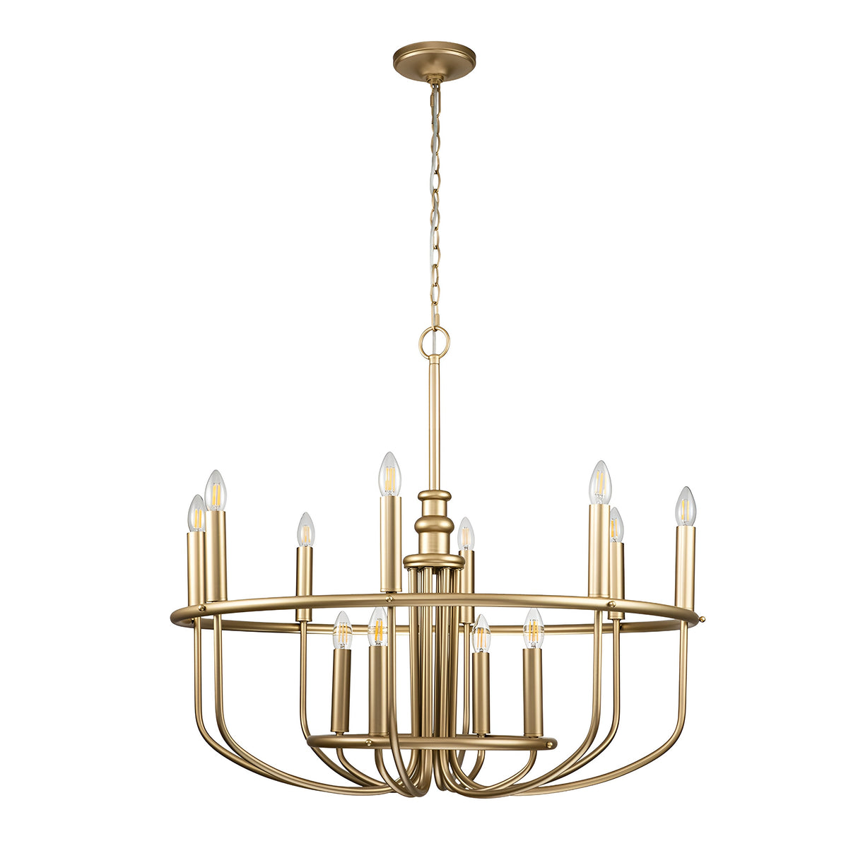 The Capitol Hill 12 Light Chandelier - Brass showcases an elegant circular design with a twelve-arm structure, each adorned with candle-like light bulbs. Suspended from a chain, this fixture adds sophistication and classic style to any space.