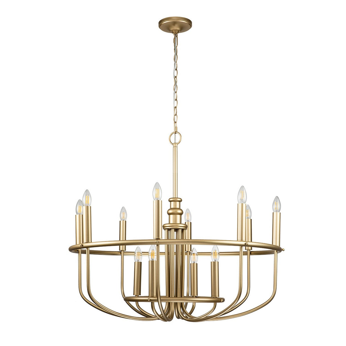 The Capitol Hill 12 Light Chandelier - Brass boasts a twelve-arm design with candle-style bulbs arranged in a circular pattern, suspended elegantly from a chain. This fixture seamlessly combines modern elegance and classic design, making it perfect for dining or living room settings.