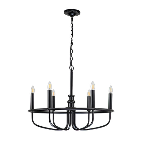 The Capitol Hill 6 Light Chandelier - Black showcases a modern design with its sleek black metal structure and six upward-facing candle-style bulbs. It is suspended by a chain, offering a perfect blend of minimalist and industrial aesthetics with its striking circular frame.