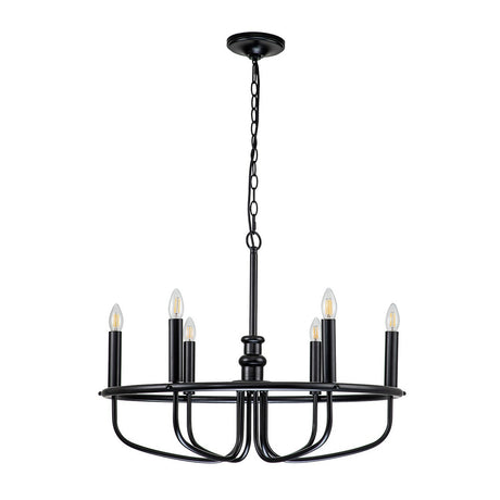 The Capitol Hill 6 Light Chandelier - Black is a black metal fixture with a circular base and showcases six candle-shaped bulbs. Suspended by a chain, this chandelier emits a warm glow, offering a classic and elegant appearance.