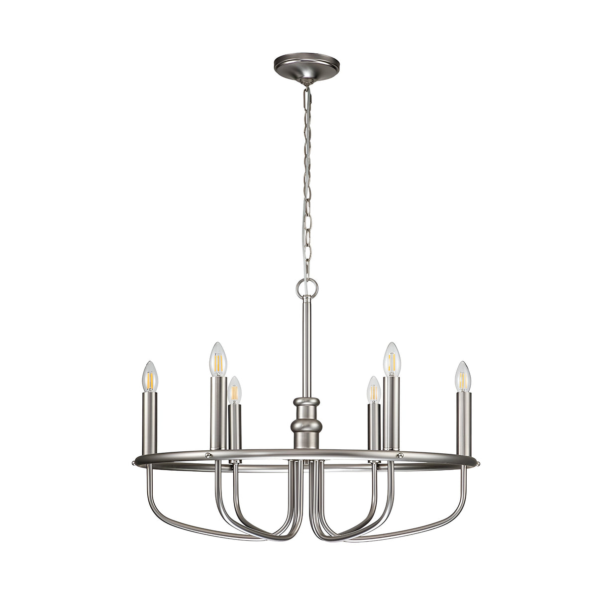 The Capitol Hill 6 Light Chandelier, finished in brushed nickel, elegantly hangs from the ceiling to provide ambient lighting. It boasts a circular design with six candle-shaped LED bulbs evenly distributed around the frame and is gracefully suspended by a chain.