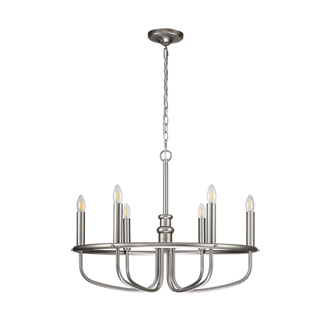 The Capitol Hill 6 Light Chandelier, finished in brushed nickel, elegantly hangs from the ceiling to provide ambient lighting. It boasts a circular design with six candle-shaped LED bulbs evenly distributed around the frame and is gracefully suspended by a chain.