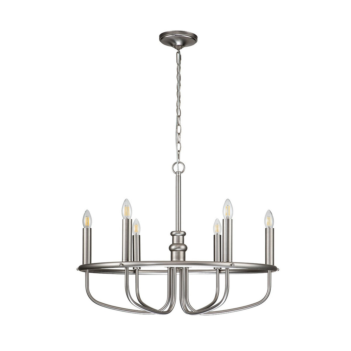 The Capitol Hill 6 Light Chandelier - Brushed Nickel is a contemporary chandelier featuring six candle-shaped light bulbs arranged in a circular design for ambient lighting, all suspended from a ceiling mount by a chain.