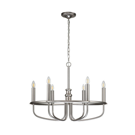 The Capitol Hill 6 Light Chandelier - Brushed Nickel is a contemporary chandelier featuring six candle-shaped light bulbs arranged in a circular design for ambient lighting, all suspended from a ceiling mount by a chain.