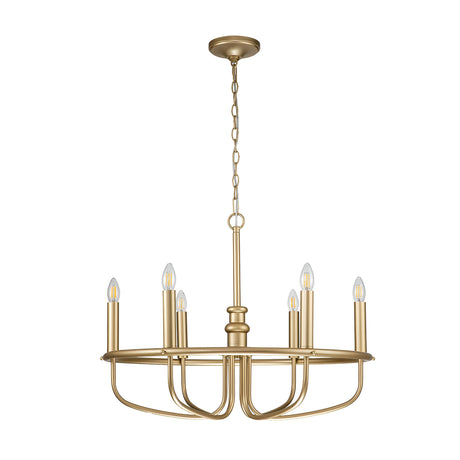 The Capitol Hill 6 Light Chandelier in natural brass features six candle-shaped light bulbs arranged in a circular pattern, hanging from a chain. Its minimalist and elegant design underscores a modern style.