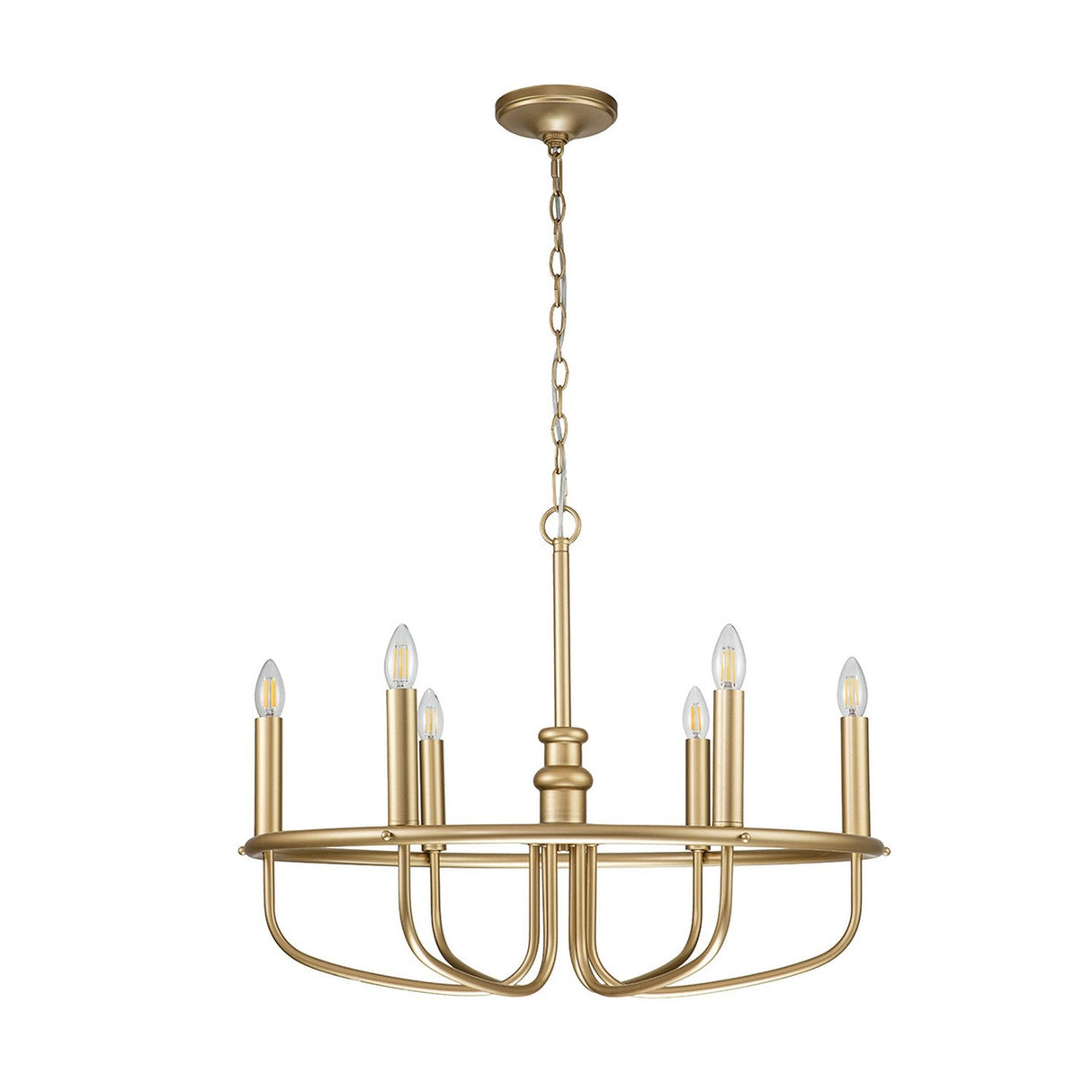 The Capitol Hill 6 Light Chandelier - Natural Brass showcases a gold circular frame with six candle-style bulb holders. Elegantly suspended by a chain, this design exudes a classic and sophisticated appeal.