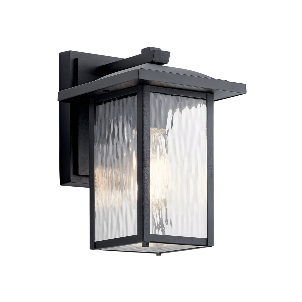 The Cappanna 1 Light Outdoor Small Wall Lantern in textured black features a rectangular frame, clear waterfall glass panels, and an exposed bulb on a square backplate—ideal for stylish outdoor lighting.