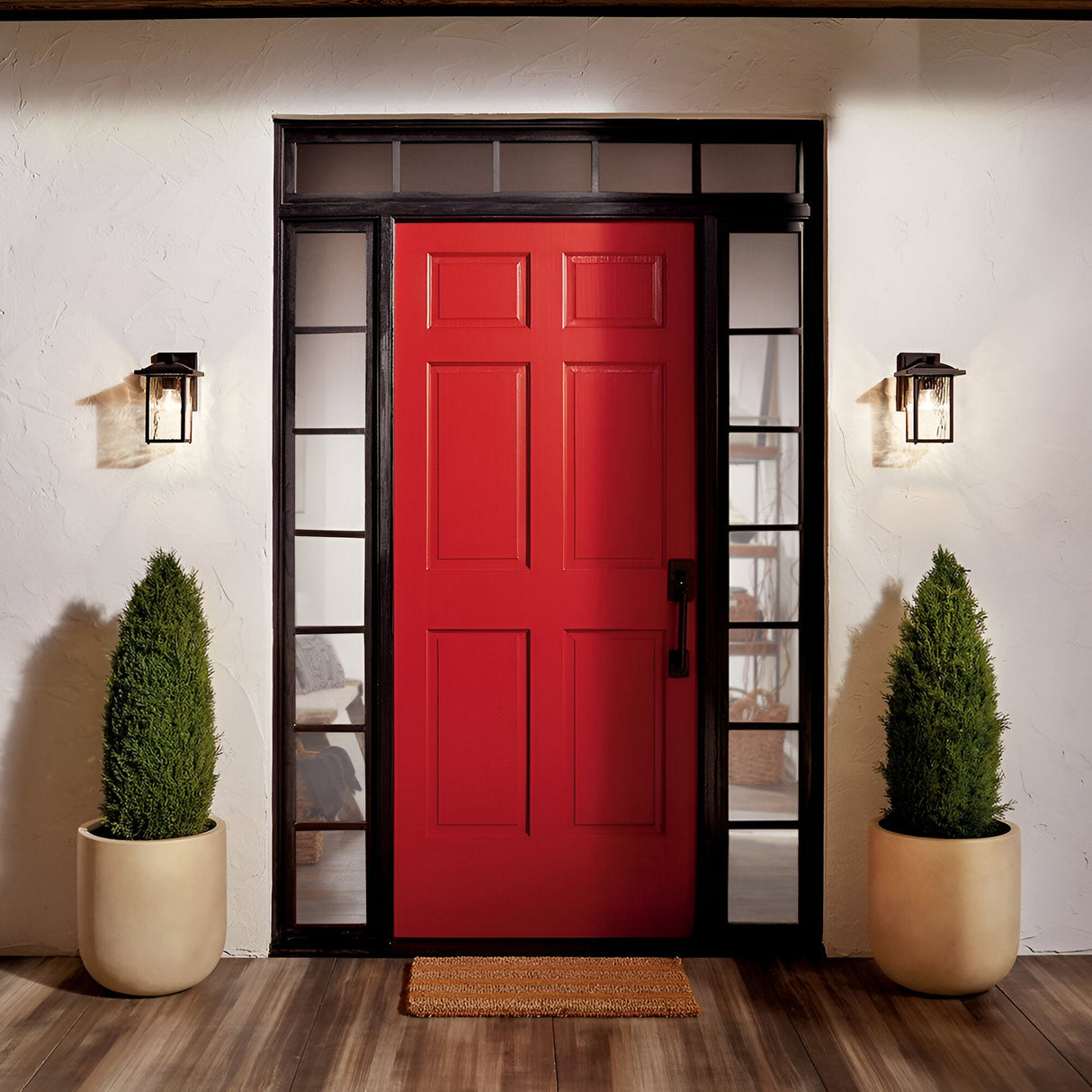 A bright red door with black trim sits between two tall potted evergreens. Cappanna 1 Light Outdoor Small Wall Lanterns in textured black flank the entry, casting a warm glow beside a welcome mat on the wooden porch floor.