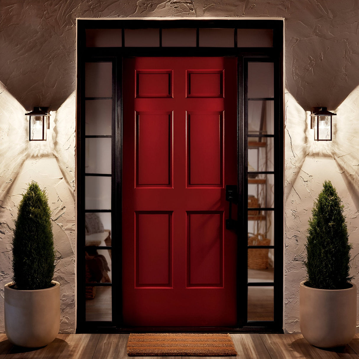 A red front door with black trim is flanked by potted evergreens and illuminated at night by Cappanna 1 Light Outdoor Small Wall Lanterns in textured black, while waterfall glass sidelights and a brown doormat complete the welcoming entrance.