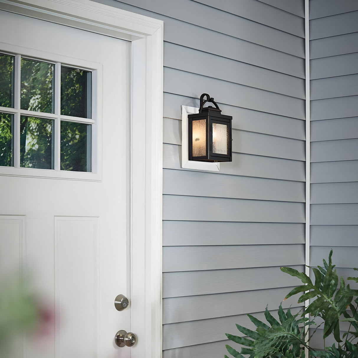 A white door with glass panels and a metallic handle is on the left. The Carlson Outdoor 1 Light Wall Lantern, featuring a seeded glass design and a rubbed bronze finish, is mounted on the adjacent gray siding. Green foliage is partially visible in the bottom right corner.