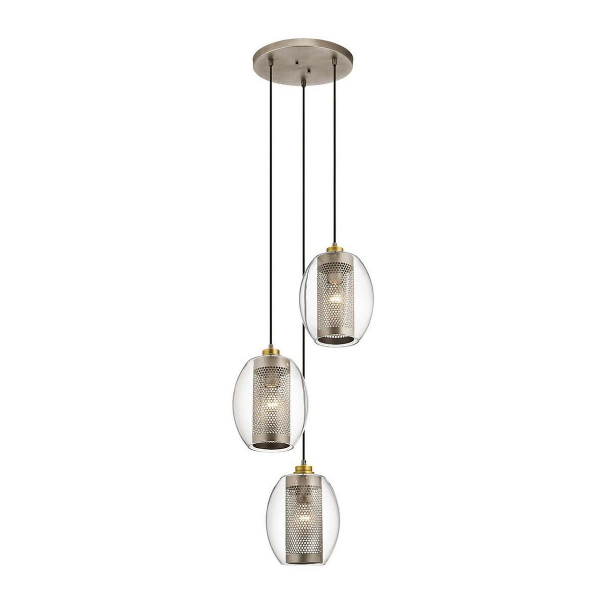 A contemporary pendant light fixture with three individual lights, each enclosed in an oval-shaped clear glass cover and showcasing a textured cylindrical metallic interior with an antique pewter finish. This adaptable lighting option is connected by cords to the Ceiling Pan Round Ceiling Plate - Silver.