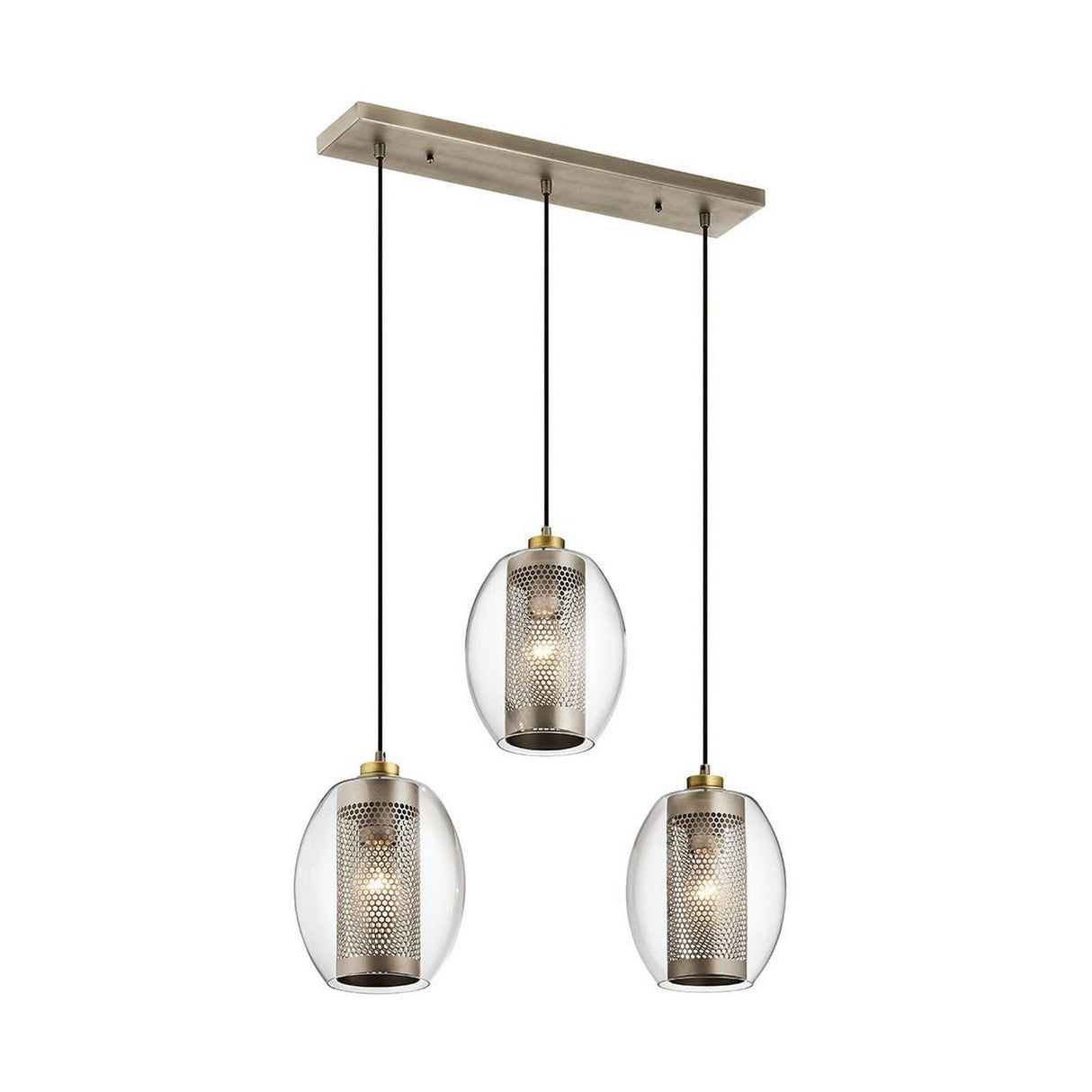 The Ceiling Pan Rectangular Ceiling Plate - Silver elegantly suspends three mini-pendant lights with translucent, oval glass shades and perforated metal interiors from a rectangular ceiling plate using black cords, all finished in sleek silver for a modern touch.