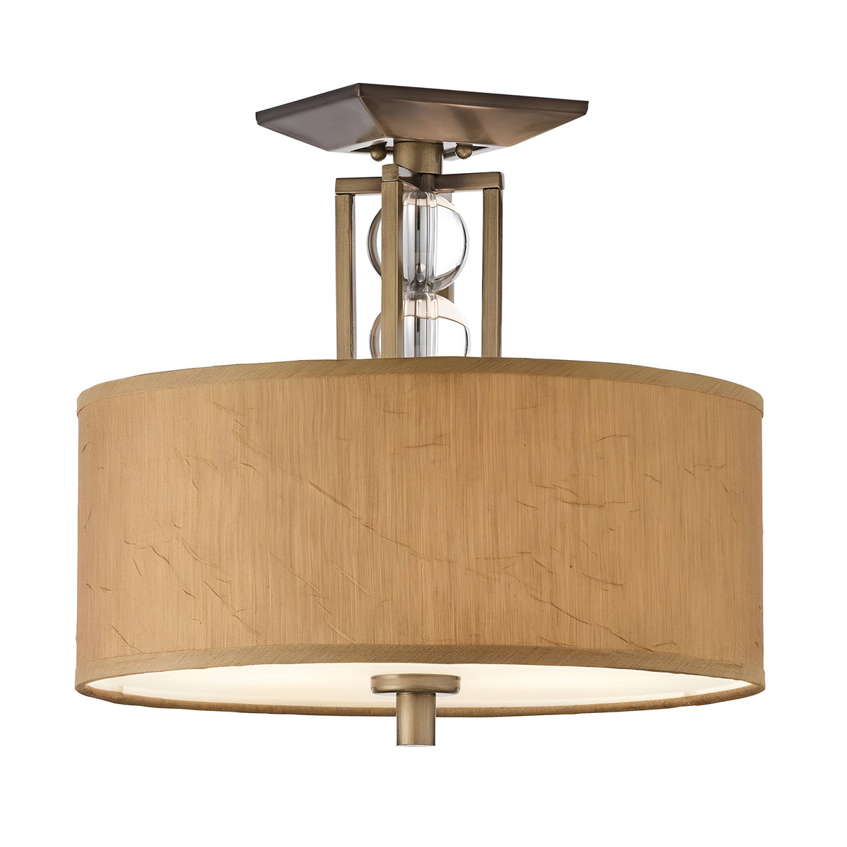 Introducing the Celestial 3 Light Semi Flush - Bronze, featuring a contemporary semi-flush ceiling light design with clean lines. It includes a cylindrical beige fabric shade and a sleek bronze frame. The minimalist style showcases a celestial 3 light arrangement, expertly suspended from a square metal ceiling mount.