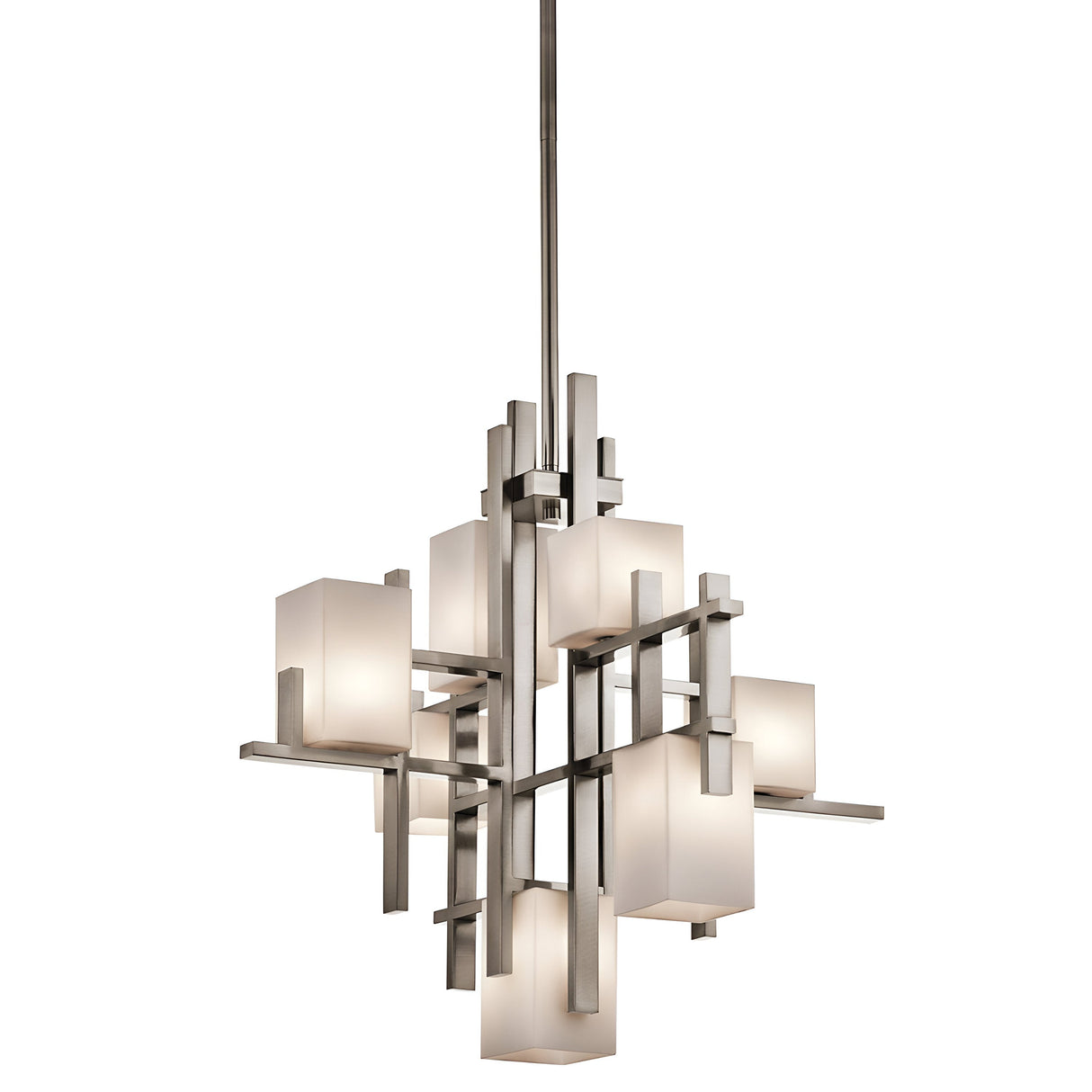 The City Lights 7 Light Chandelier - Silver showcases a modern geometric pattern with intersecting metal bars and cube-shaped frosted glass lampshades. It is illuminated by LED lights and suspended from a metal rod, combining sleek silver finishes with ambient lighting.