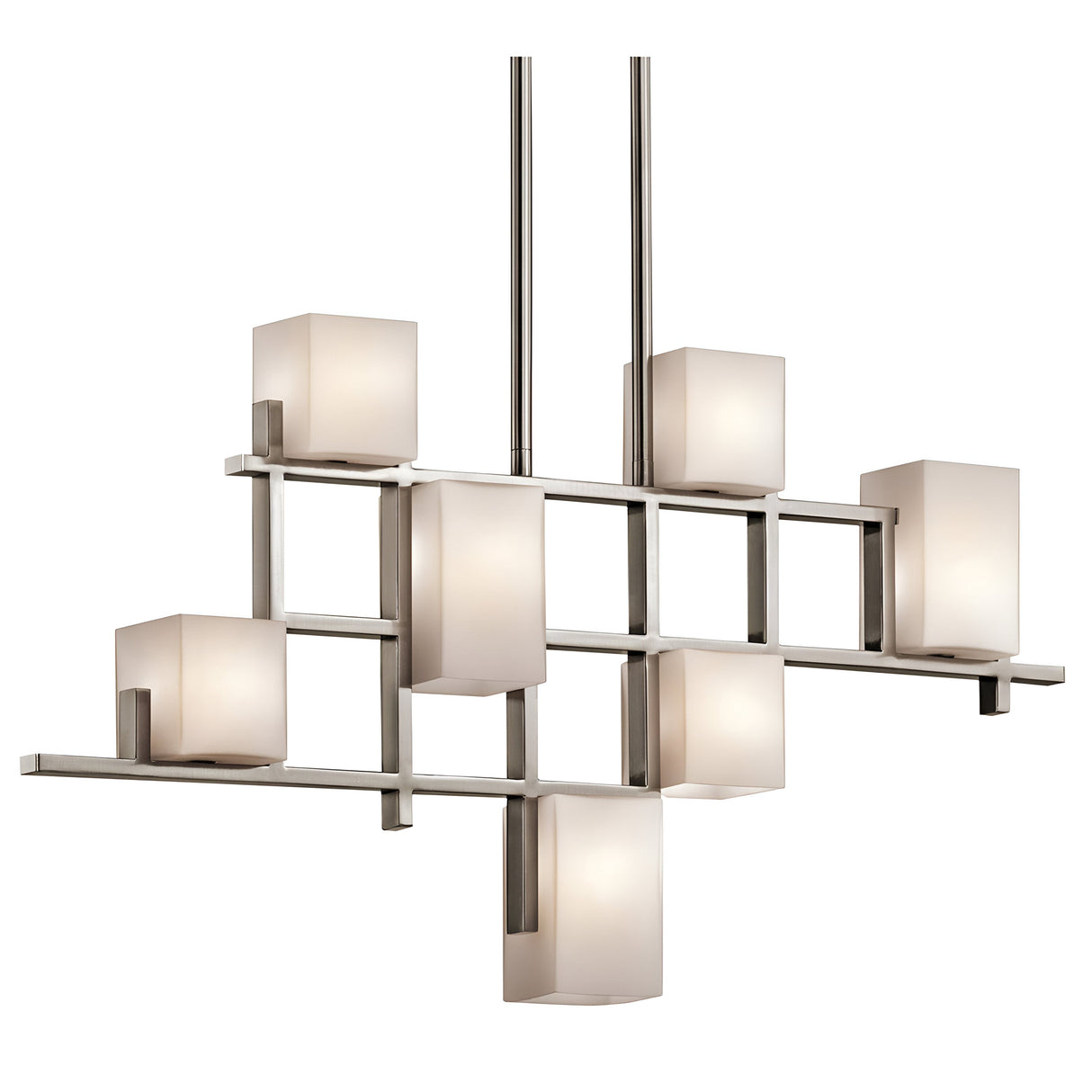 The City Lights 7 Light Linear Chandelier - Silver boasts a modern geometric design with a brushed metal frame and seven cube-shaped frosted glass LED light fixtures. This chandelier is arranged in a balanced, symmetrical pattern, adding elegance to any contemporary decor as it hangs gracefully from the ceiling.