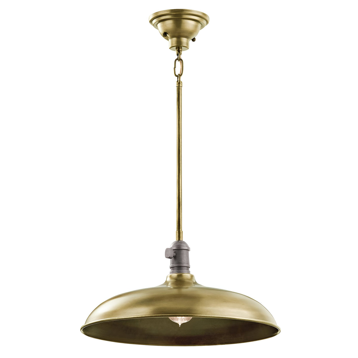 Introducing the Cobson 1 Light Duo-Mount Pendant/Semi-Flush in Natural Brass, featuring a wide, dome-shaped shade and suspended from the ceiling by a brass rod and chain. This fixture boasts an antique finish and embodies a vintage-inspired aesthetic with its simple, elegant design.
