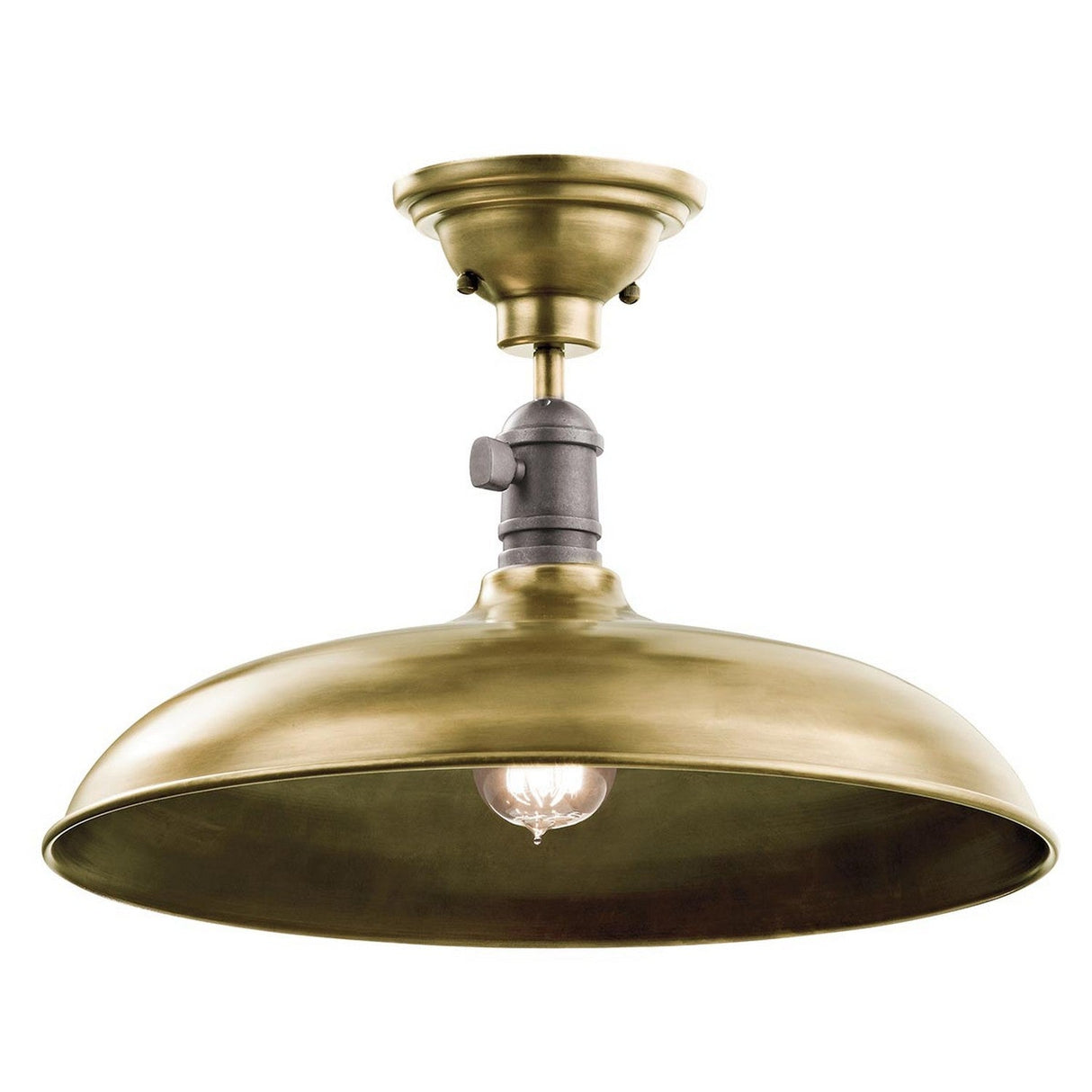 Introducing the Cobson 1 Light Duo-Mount Pendant/Semi-Flush in Natural Brass, a vintage-inspired ceiling fixture with a wide, shallow dome shade and an exposed bulb. This retro-industrial piece features a metallic rod connecting it to the ceiling mount, perfect for adding character to any space.