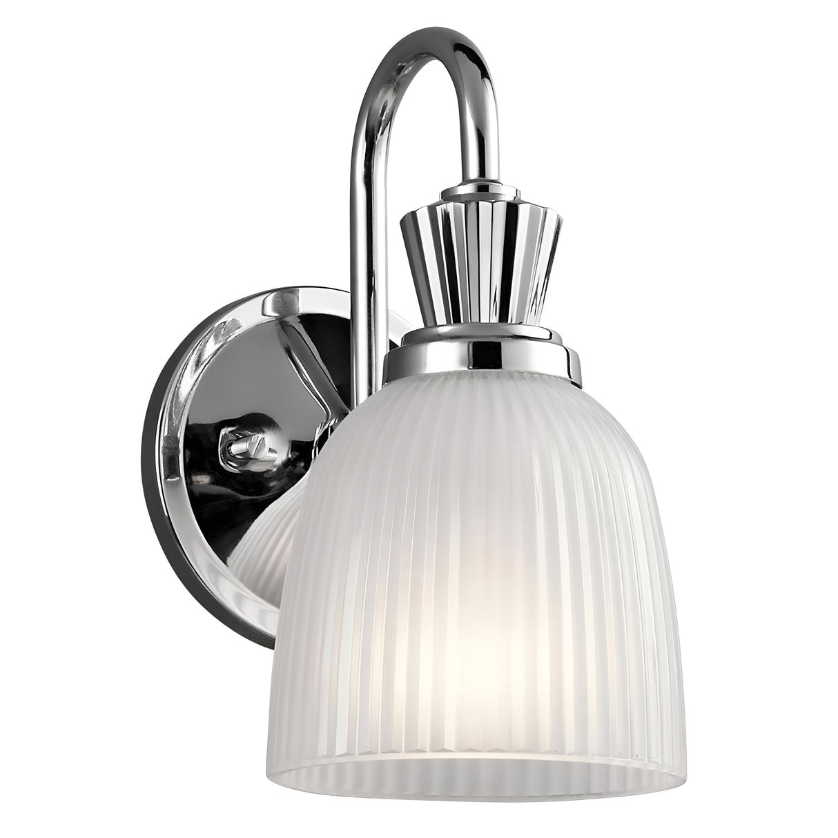 The Cora 1 Light Wall Light in polished chrome is a wall-mounted bathroom fixture featuring a frosted glass shade with vertical ribbed patterns. Its sleek metallic finish and curved arm lend a modern and elegant appearance, making it ideal for spaces requiring an IP44 rating.