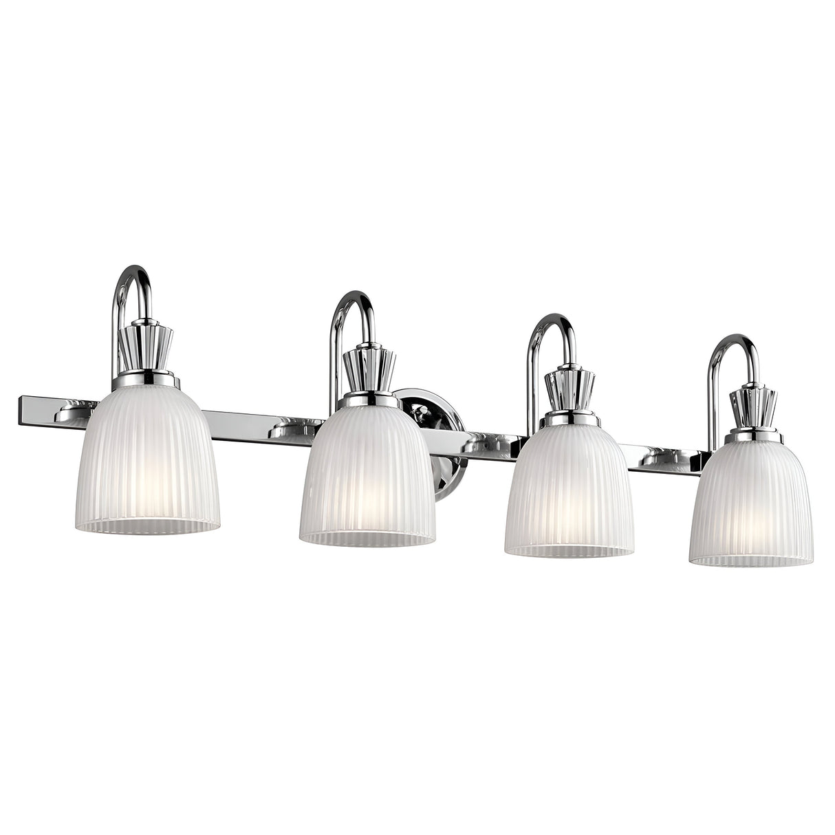 The Cora 4 Light Wall Light in polished chrome is a contemporary bathroom lighting fixture featuring four LED lamps and ribbed glass shades. The design showcases symmetrical lamp shades that dangle gracefully from a streamlined horizontal bar, infusing any space with an air of sophistication.