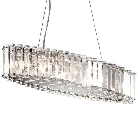 The Crystal Skye 8 Light Island Chandelier - Chrome is a masterpiece of modern elegance, showcasing its oval shape and vertical crystal rods that encircle the light source. Suspended by thin wires, it provides sparkling and energy-efficient lighting that turns any space into a dazzling haven.