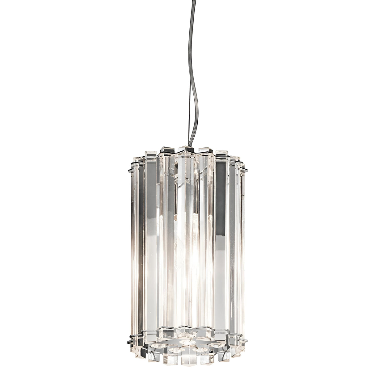 The Crystal Skye 2 Light Mini Pendant - Chrome boasts a sleek cylindrical design, showcasing clear rectangular glass panels that evoke the look of crystal prisms encircling the central bulbs, all elegantly suspended by a thin chrome wire against a white backdrop.