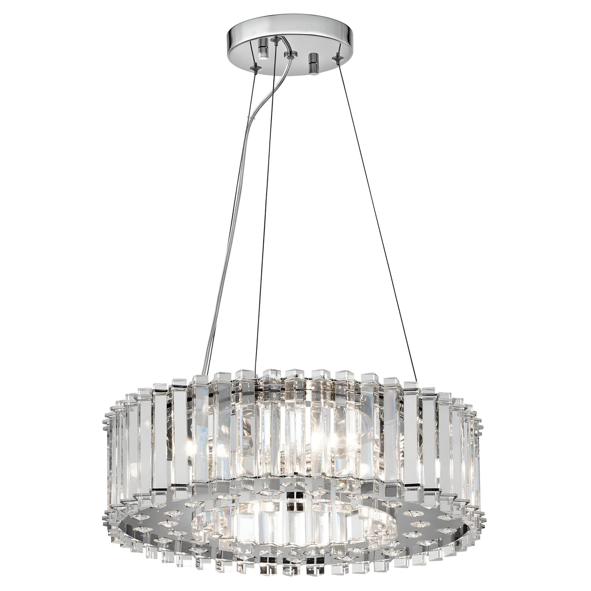 The Crystal Skye 6 Light Chandelier - Chrome features a modern chandelier design with clear crystal-like rods and a sleek chrome frame. Suspended gracefully by two wires, this fixture combines stylish aesthetics with LED compatibility for contemporary elegance and energy efficiency.