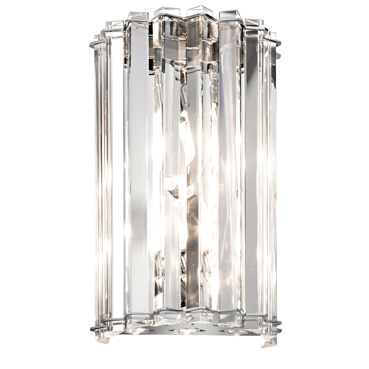 The Crystal Skye 2 Light Wall Light - Chrome showcases a cylindrical design with vertical, clear acrylic prisms encircling a central light source. Its chrome accents enhance sophistication as the light reflects through the prisms, producing a radiant and shimmering effect in its modern and elegant form.