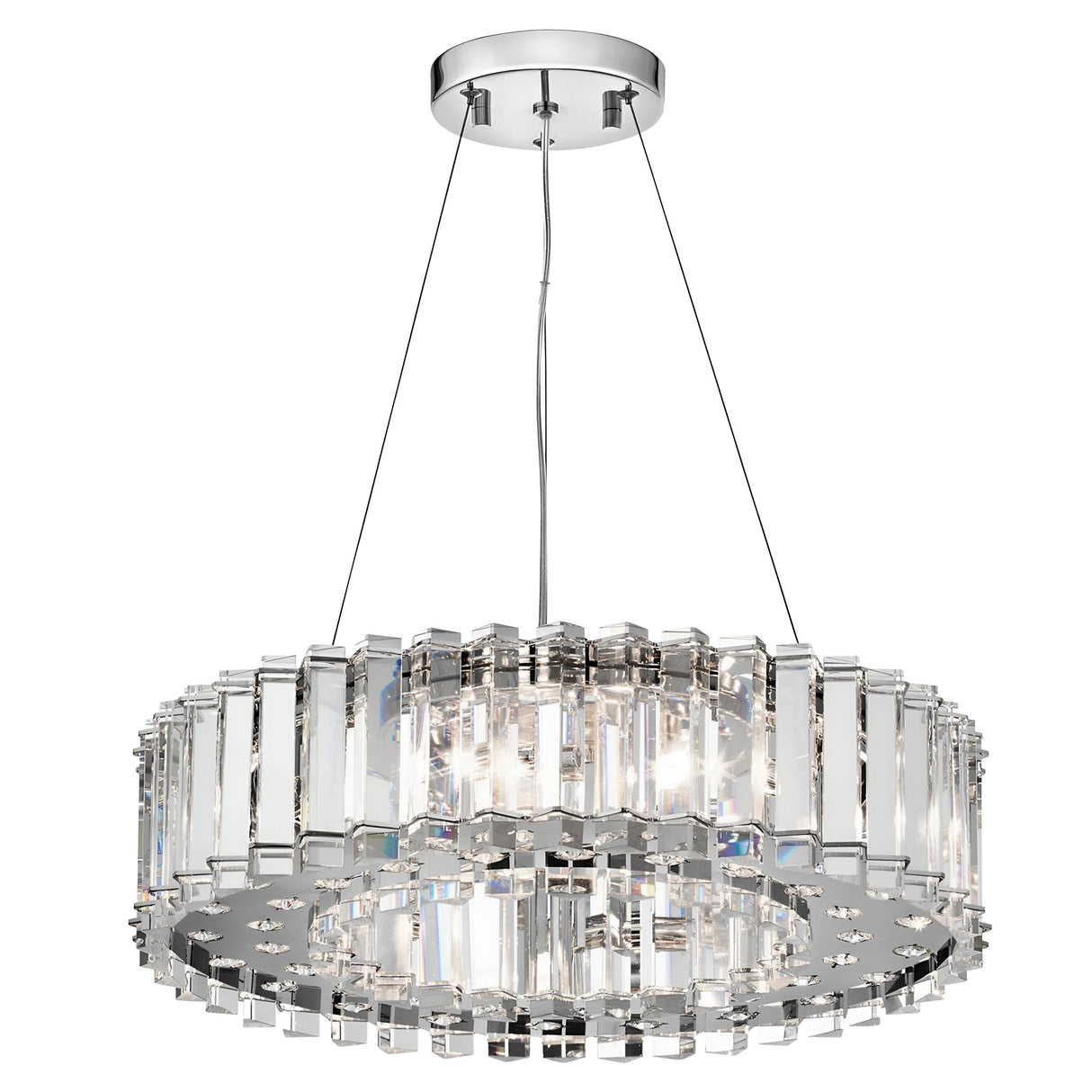 The Crystal Skye 8 Light Chandelier - Chrome epitomizes contemporary sophistication with its circular design, showcasing crystal-like vertical glass panels paired with a sumptuous metallic frame. This luxurious lighting fixture hangs from the ceiling by three cables, infusing any space with elegance.