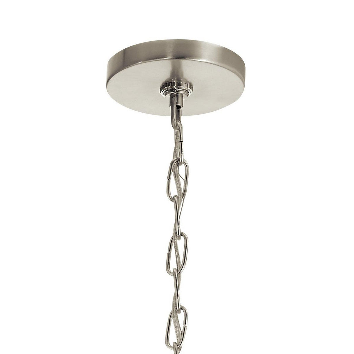 The Deryn 3 Light Chandelier - Antique Grey features a metallic ceiling mount with a circular base that exudes rustic charm. Its chain of interlinked metal loops is ideal for suspending the chandelier, adding character to any space.