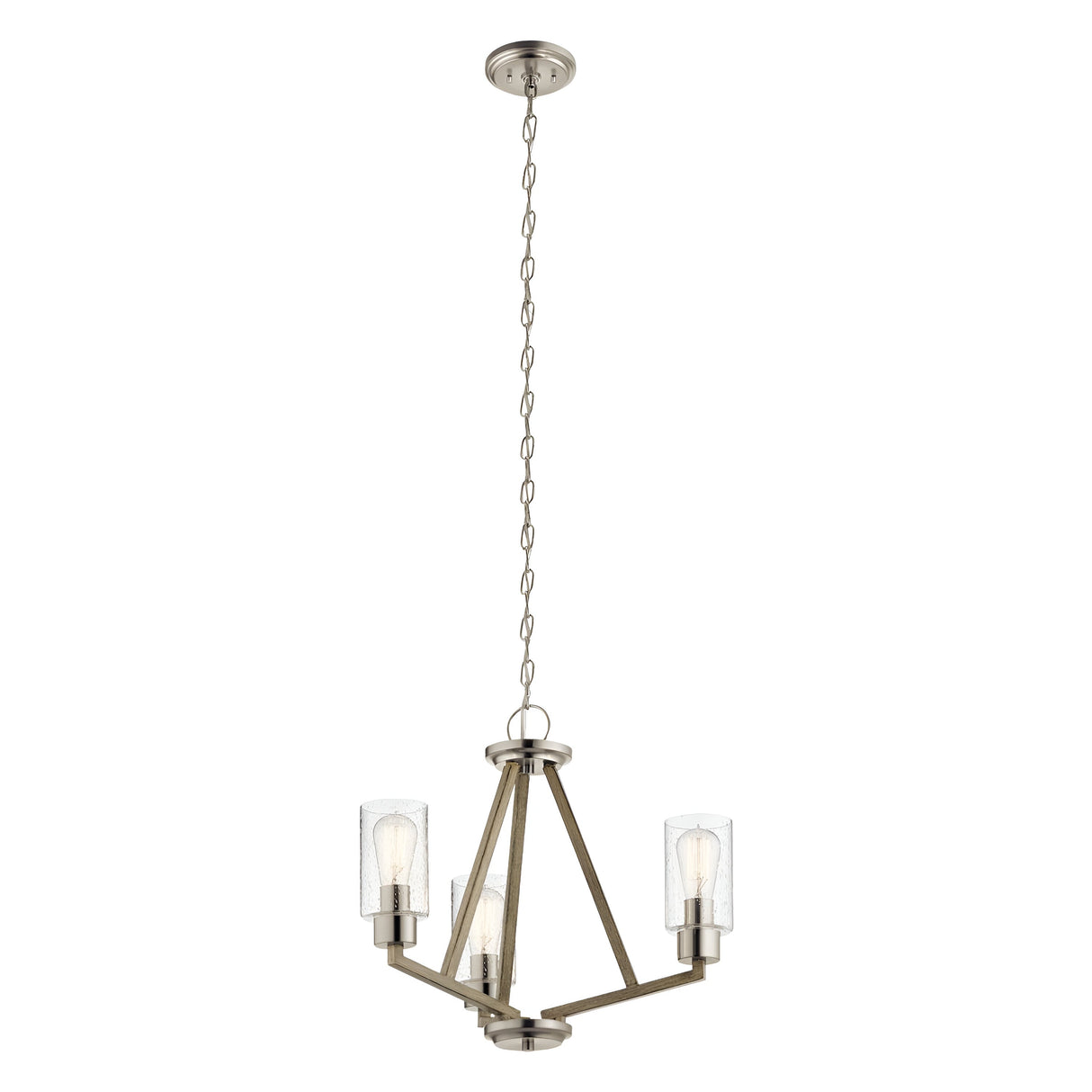 The Deryn 3 Light Chandelier in Antique Grey combines modern design with rustic charm, showcasing three exposed light bulbs within clear glass shades. It features a sophisticated antique grey finish and is suspended from the ceiling by a chain, bringing timeless elegance to any room.