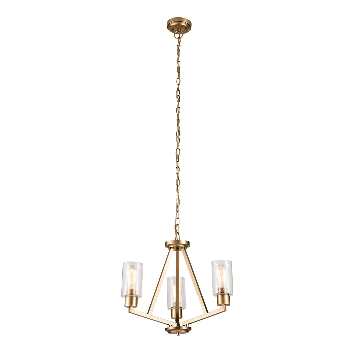 The Deryn 3 Light Chandelier in natural brass features clear cylindrical glass shades and hangs gracefully from the ceiling on a long chain. Its triangular light arrangement provides elegant, modern lighting suitable for those desiring rustic coastal lighting aesthetics.